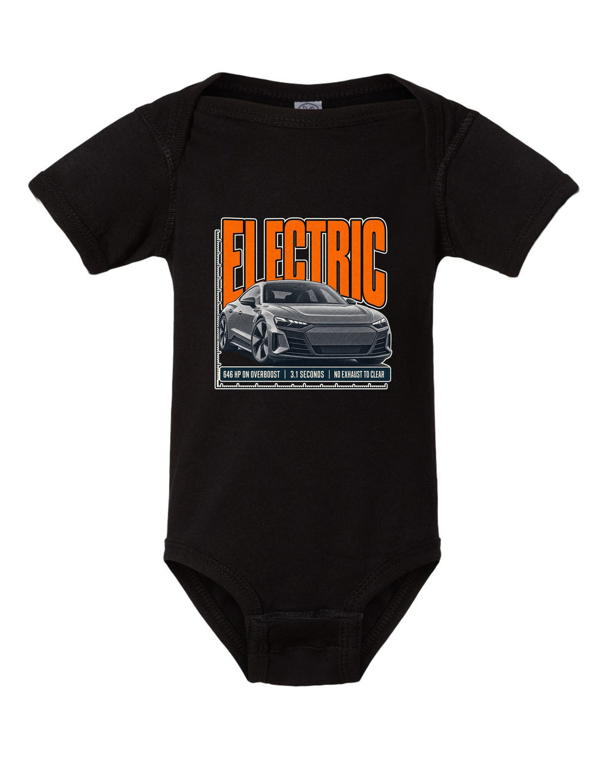 Audi RS e-tron GT low front three-quarter halftone statement print design black baby onesie front view with the design