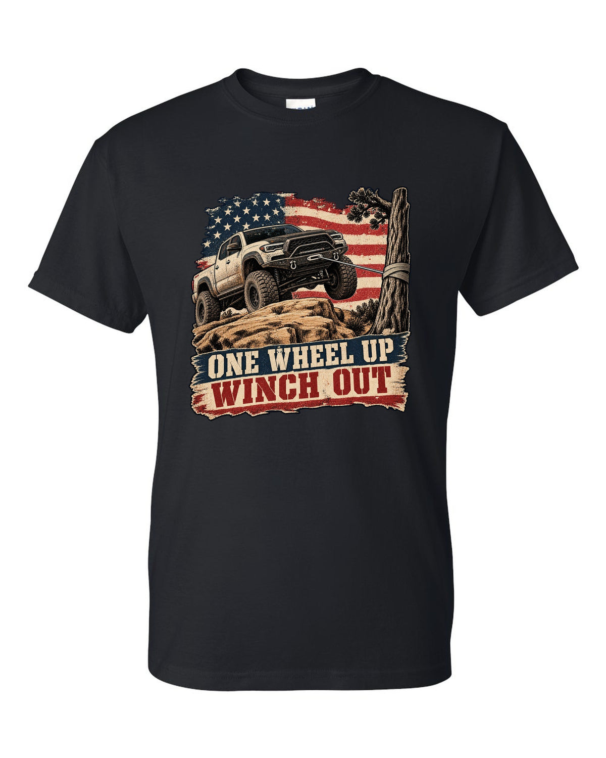 Distressed screen-print print of a Ram 2500 Power Wagon with one wheel lifted on a ledge black t-shirt front view with the design