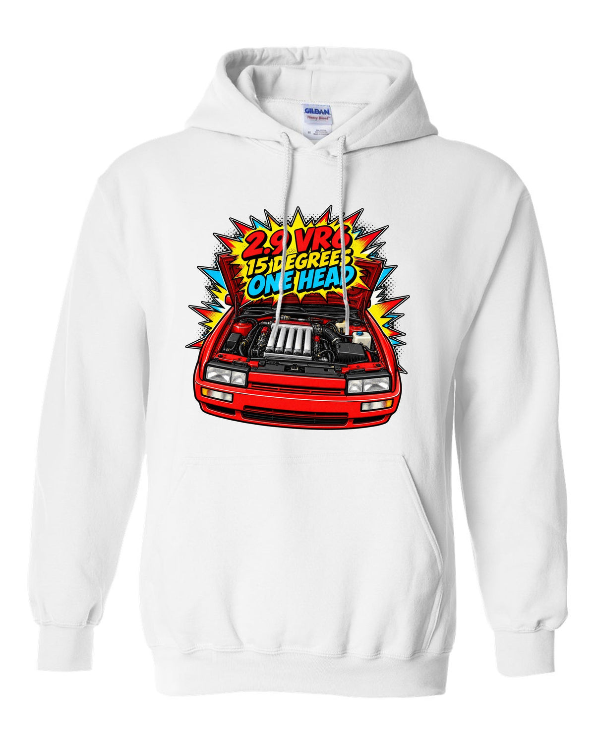 Comic halftone pop-art VW Corrado VR6 with 2.9 VR6 15 degrees one head text white pull over hoodie front view with the design