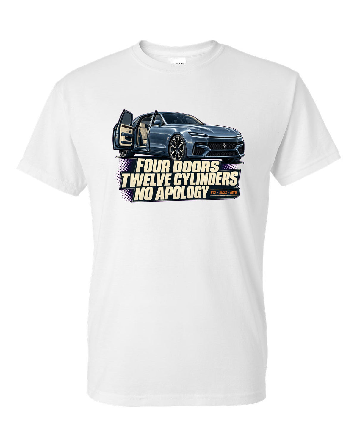 Editorial headline print of the Ferrari Purosangue on a tee white t-shirt front view with the design