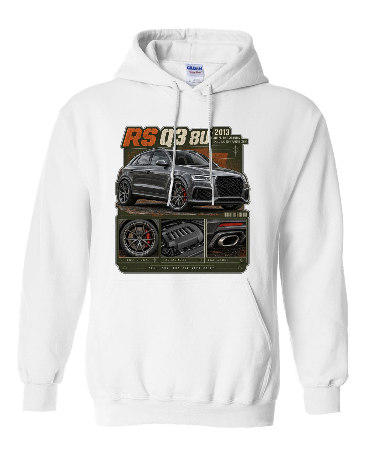 Audi RS Q3 8U dossier panels print with 310 PS five-cylinder text white pull over hoodie front view with the design