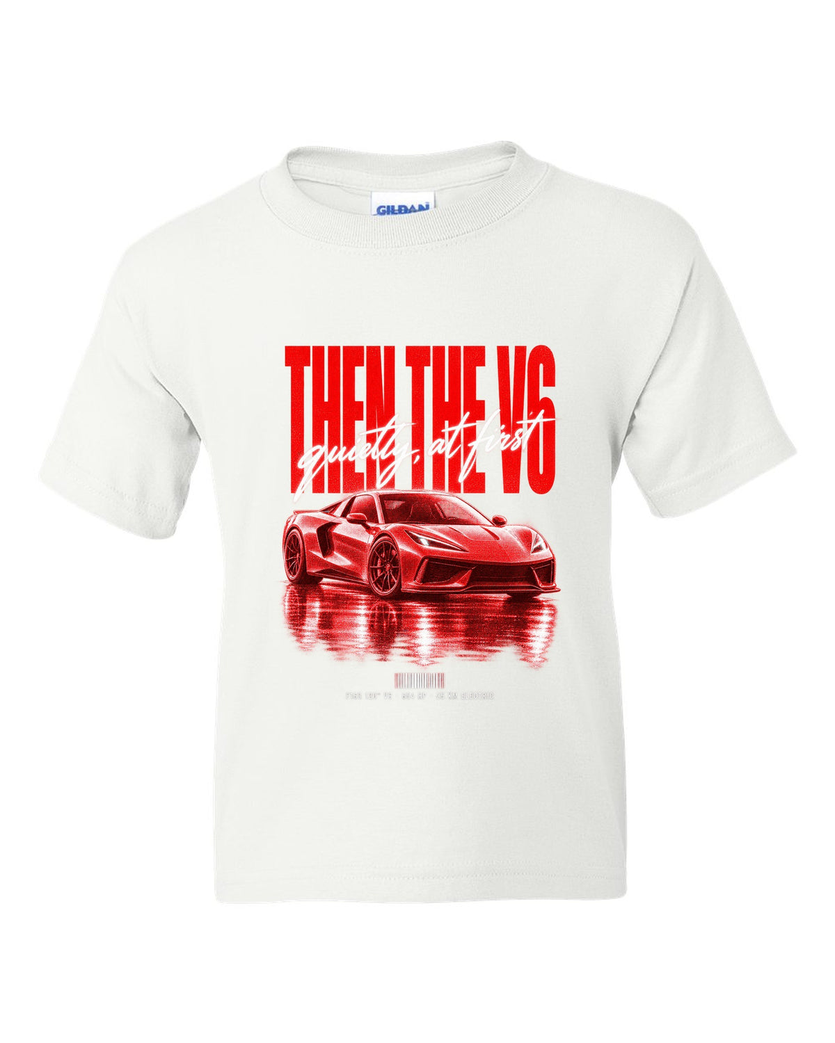 Ferrari 296 GTB 2022 street poster print, F163 120 degree V6, 654 HP, 25 km electric white kids tee front view with the design