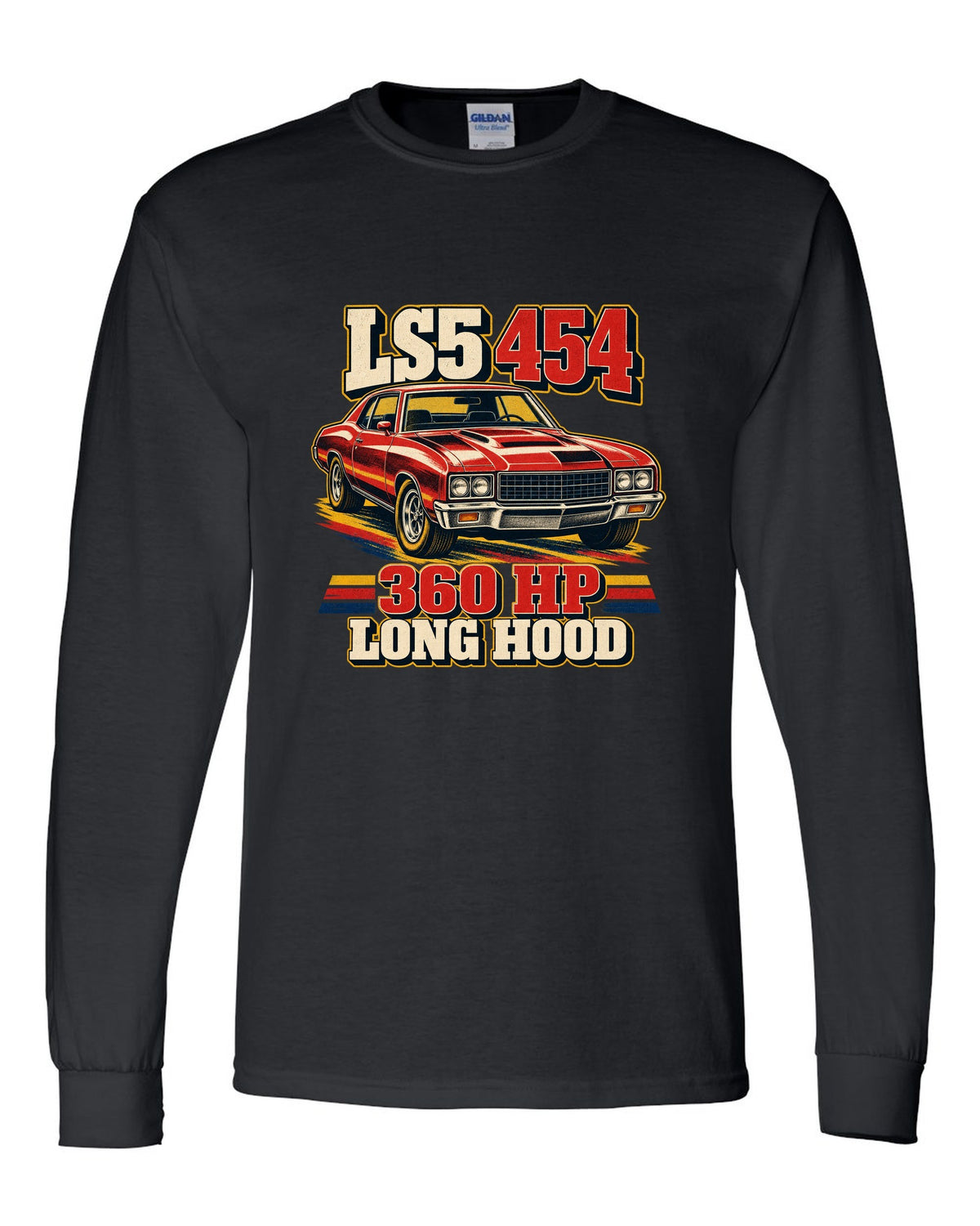 Vintage race poster print of a 1970 Chevrolet Monte Carlo SS 454 with the text LS5 454, 360 HP, Long Hood black long sleeve front view with the design