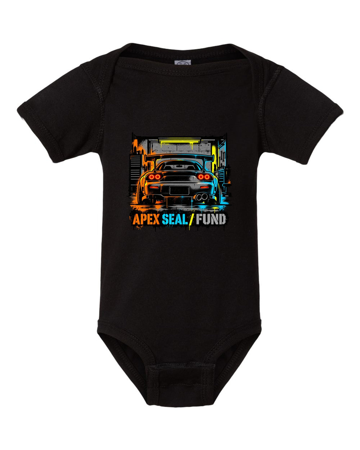 Stencil spray street art print of a Mazda RX-7 FD3S with the text Apex Seal Fund black baby onesie front view with the design