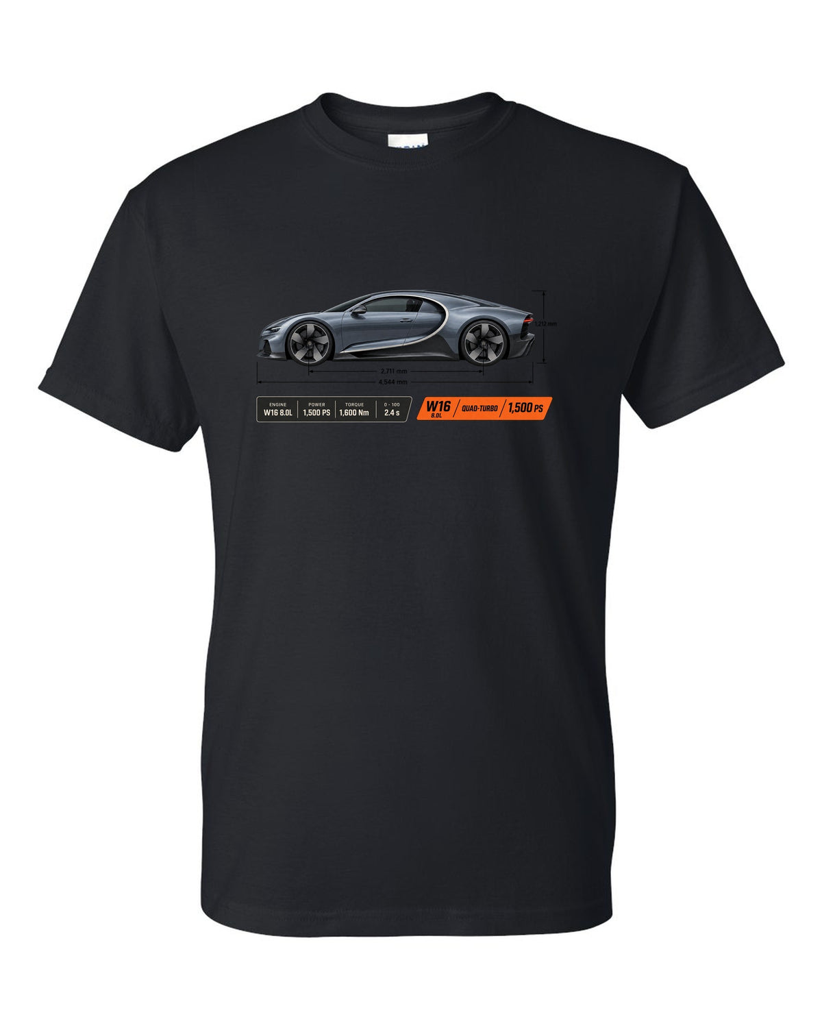 Bugatti Chiron W16 Dimension Blueprint black t-shirt front view with the design