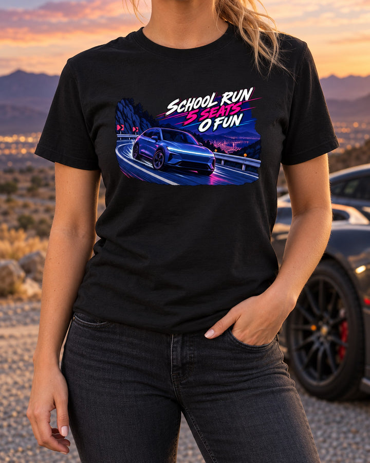 School Run Touge Tesla Model Y Juniper Anime Style Tee T-Shirt Black worn hero