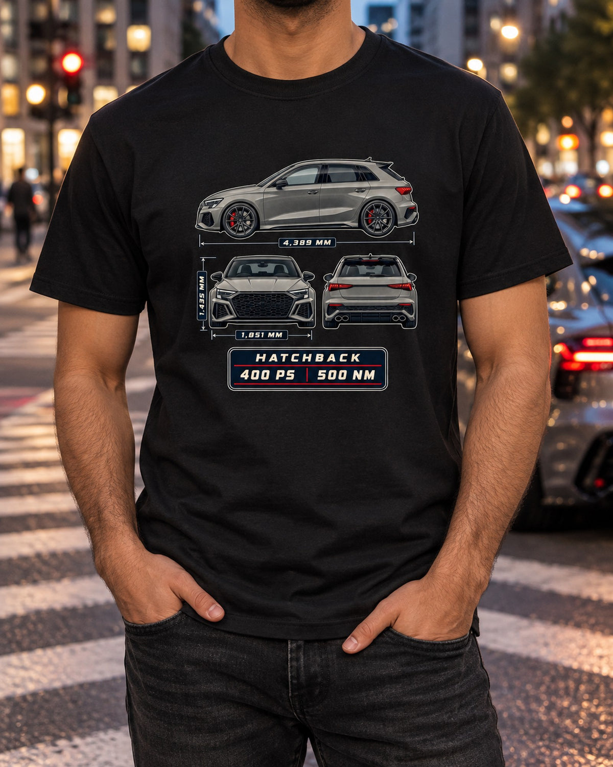 Audi RS3 8Y Sportback Three-View Spec Table Car Shirt T-Shirt Black worn hero