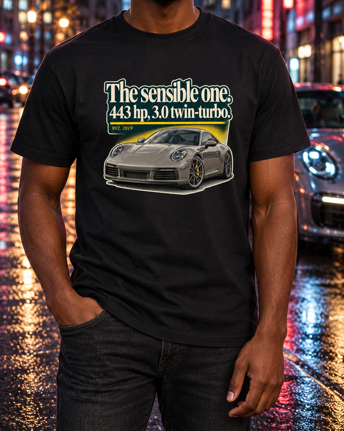 Porsche 992 Carrera S Editorial Shirt, 911 Car Guy Gift T-Shirt Black worn hero