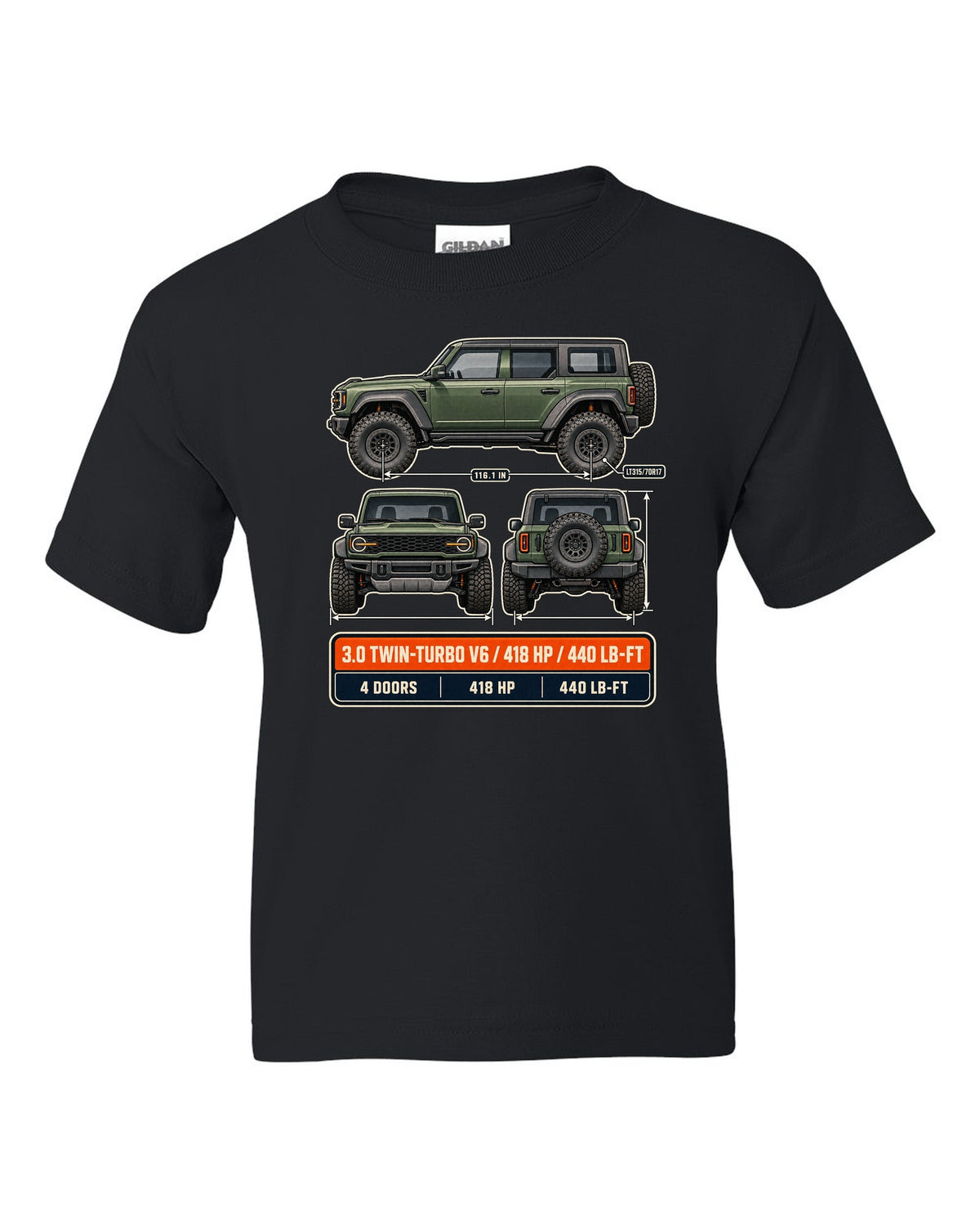 Ford Bronco Raptor three-view drawing with spec table print black kids tee front view with the design