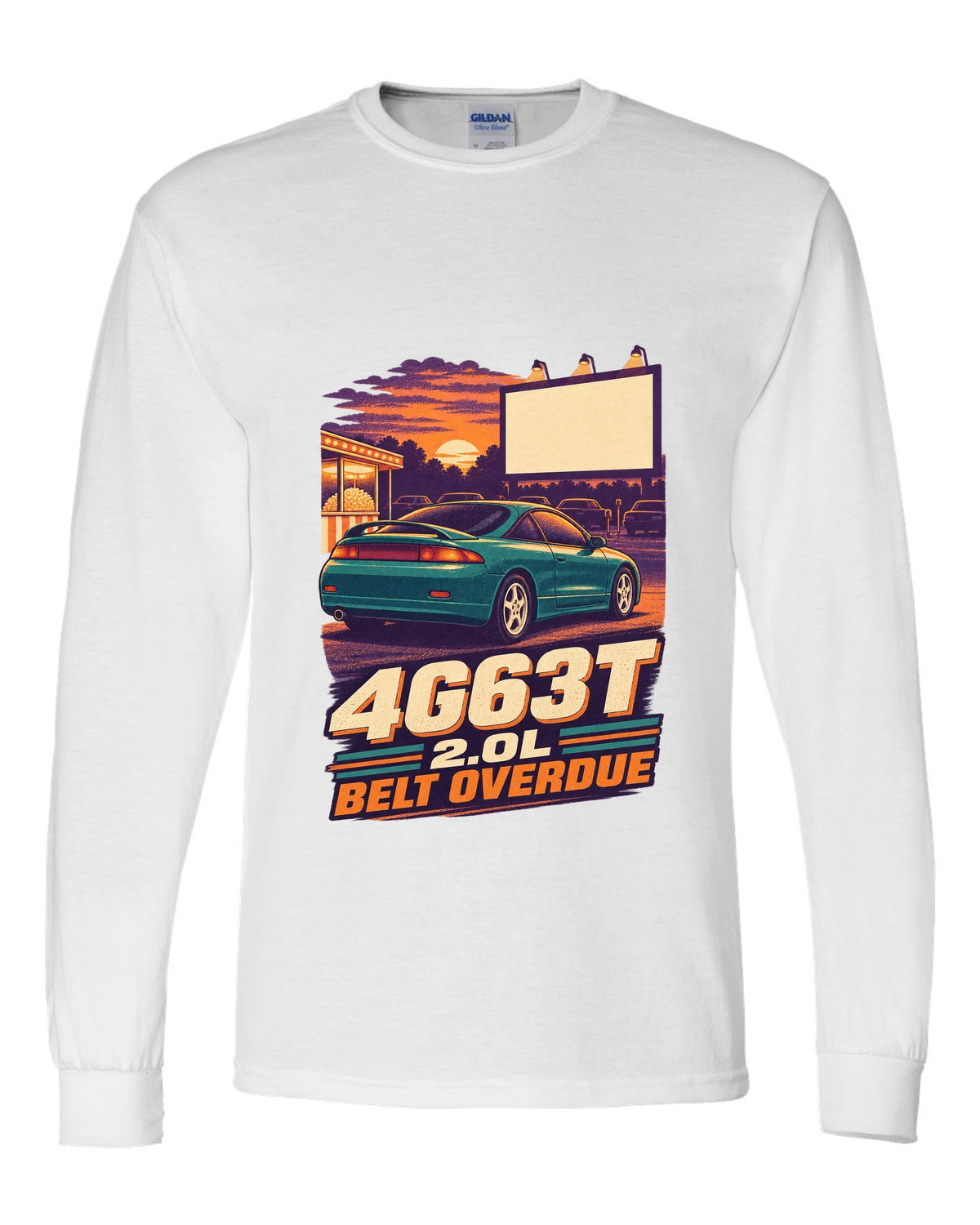 Vintage race-poster lithograph print of a Mitsubishi Eclipse 2G with 4G63T 2.0L belt overdue lettering white long sleeve front view with the design