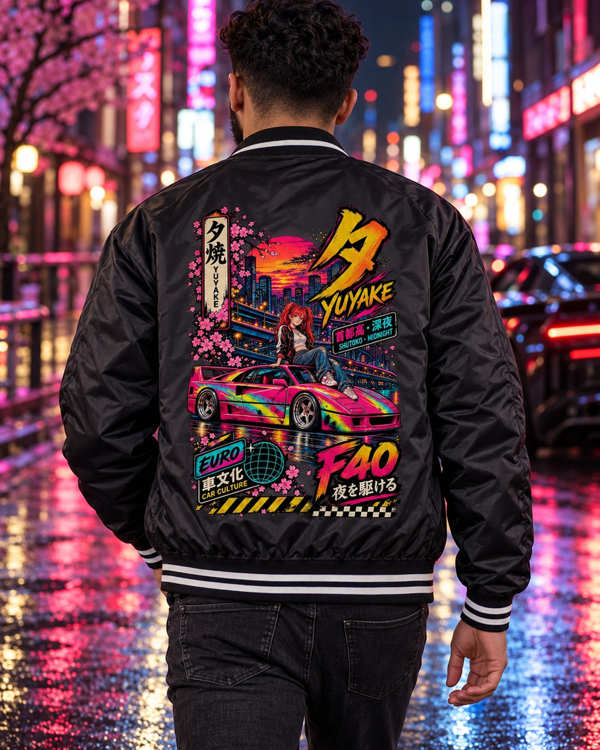 YUYAKE F40 Anime Girl Full-Back Graphic Tee Bomber Jacket Black worn hero