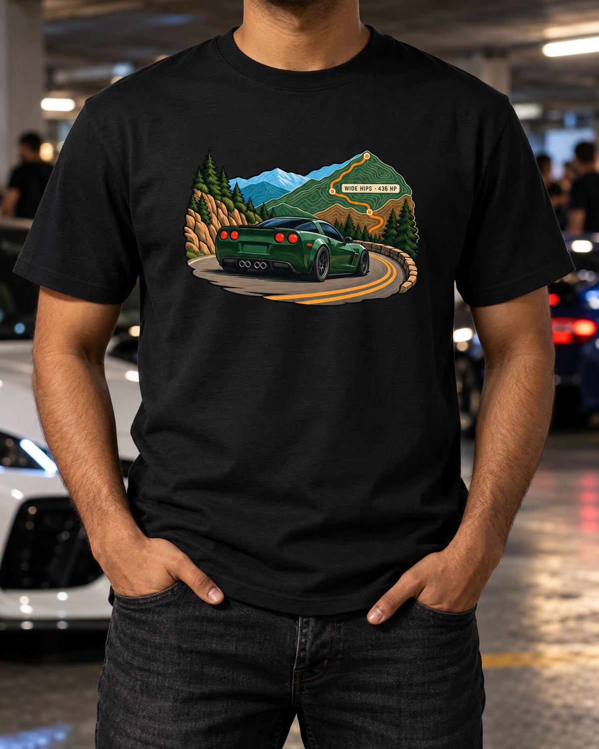Corvette C6 Grand Sport Contour Map Tee, Wide Hips 436 HP T-Shirt Black worn hero