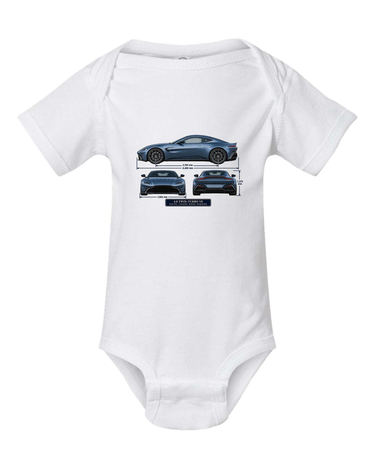 Aston Martin Vantage 2018 three-view print with 4.0 twin-turbo V8 510 PS spec table white baby onesie front view with the design