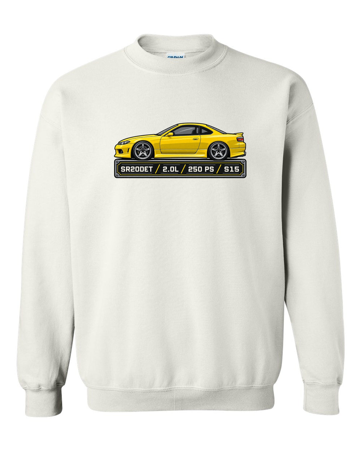 Spec-sheet data plate print for the Nissan Silvia S15 listing SR20DET 2.0L 250 PS white crewneck front view with the design