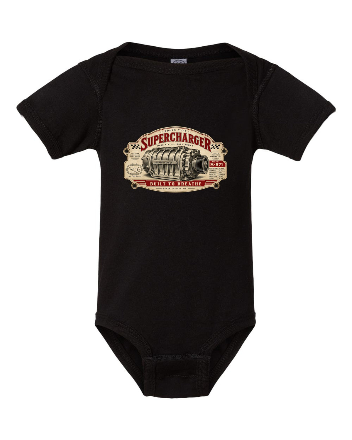 Spec-sheet data plate art of a 2023 Ford F-150 Raptor R P702 with 5.2 SUPERCHARGED 720 HP notes black baby onesie front view with the design