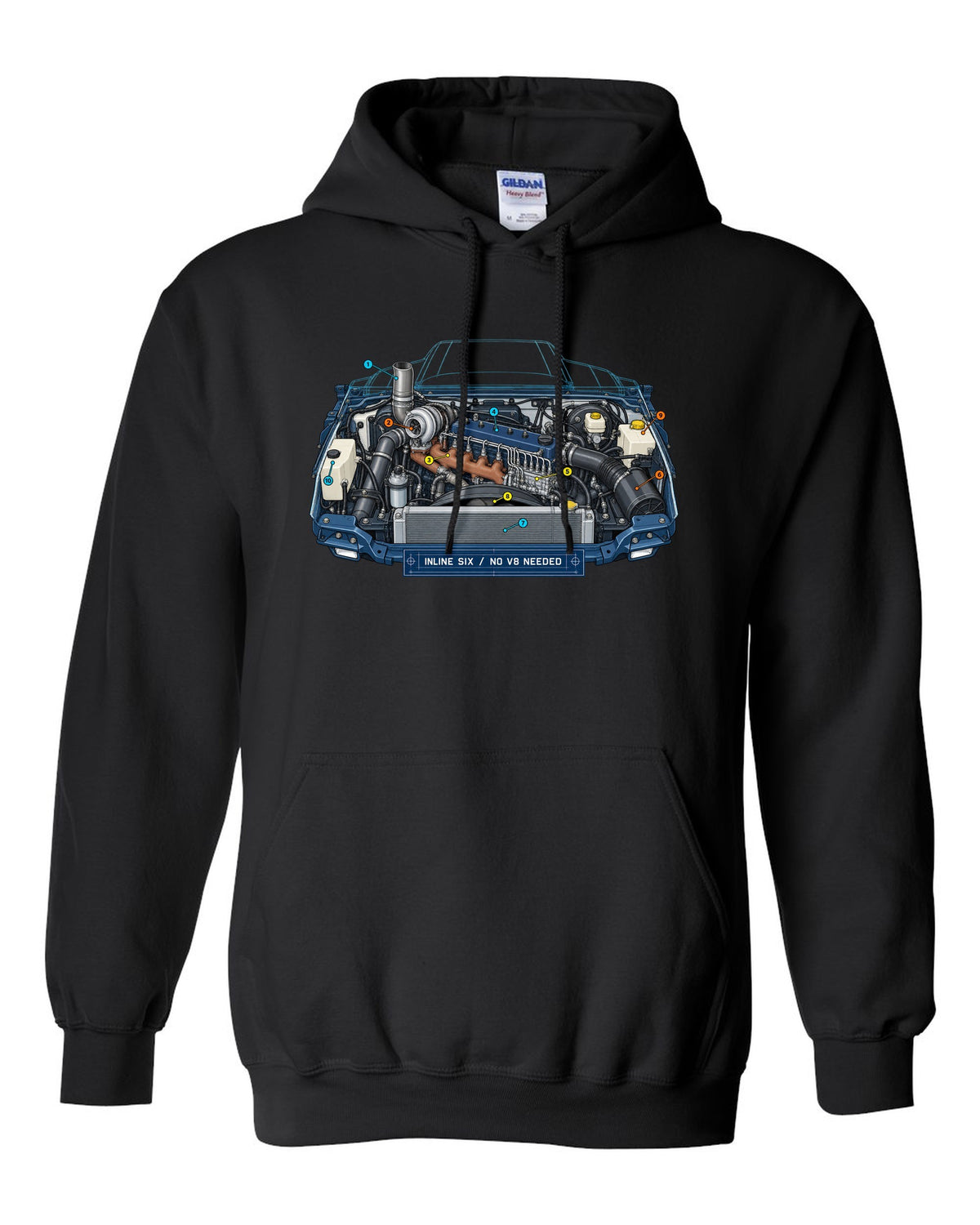 Blueprint-style print of a 1994-1998 Dodge Ram 2nd gen 5.9 inline-six diesel engine bay black pull over hoodie front view with the design