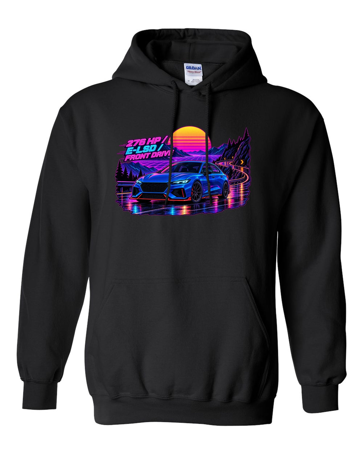 Hyundai Elantra N CN7 synthwave wet road print with 276 HP and E-LSD text black pull over hoodie front view with the design