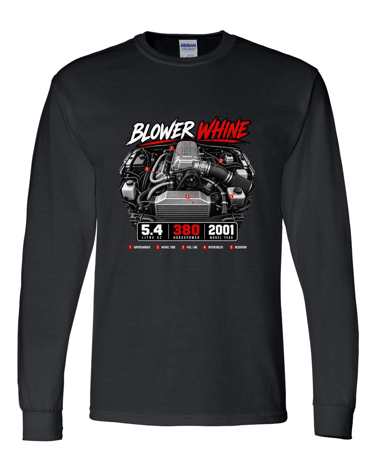 Ford F-150 SVT Lightning 1999-2004 engine hero print with blower whine and 5.4 SC black long sleeve front view with the design