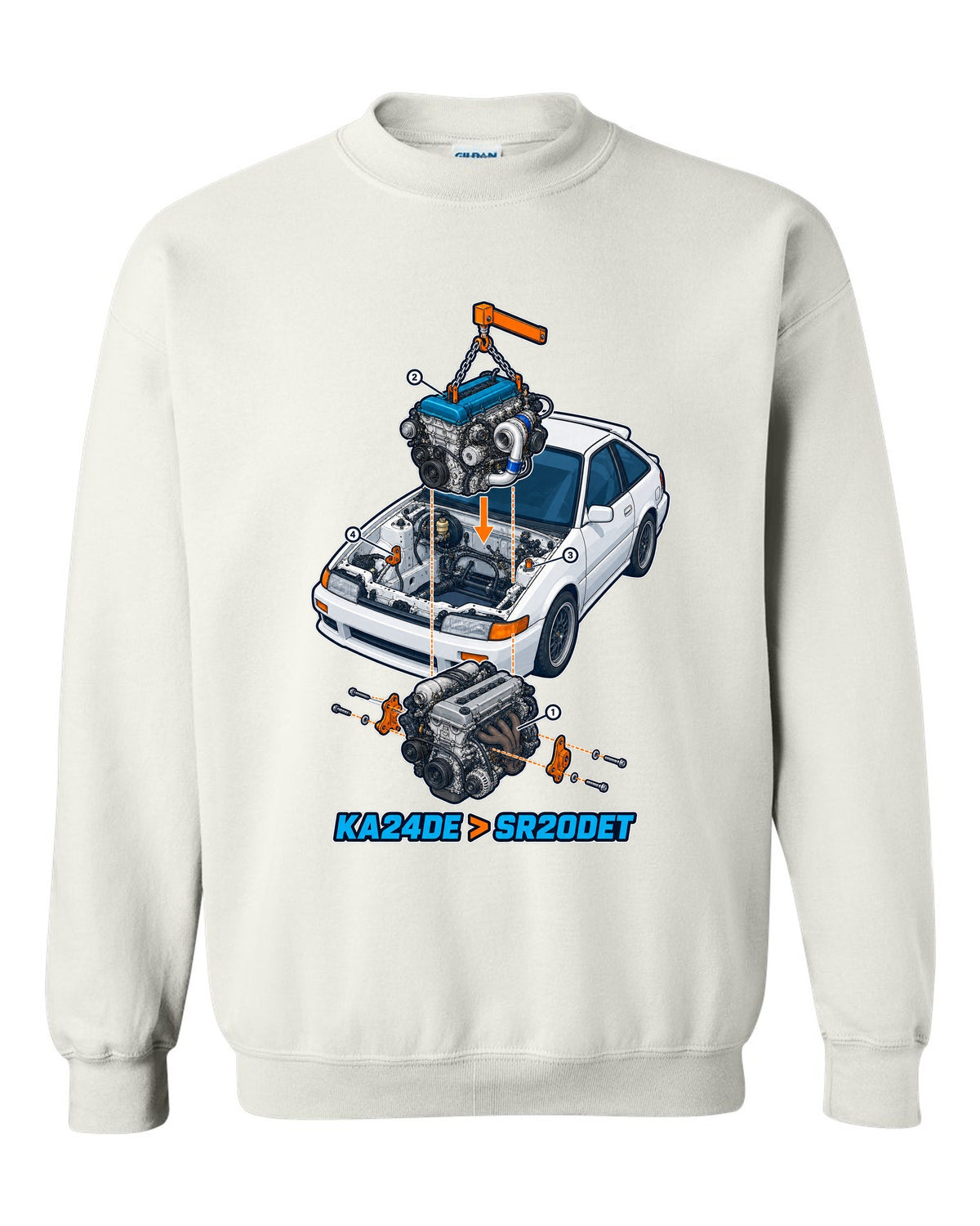 Exploded isometric engine cutaway for a Nissan S13 KA24DE to SR20DET swap white crewneck front view with the design