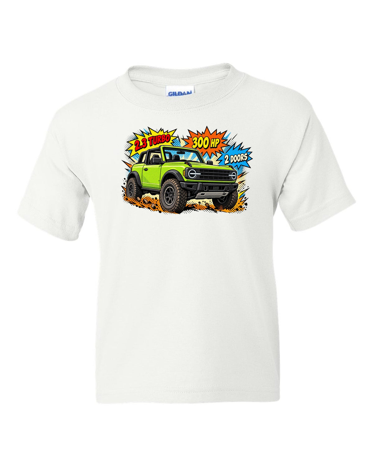 Comic halftone pop-art of a 2021 Ford Bronco 2-door with round headlights and 2.3 TURBO 300 HP lettering white kids tee front view with the design