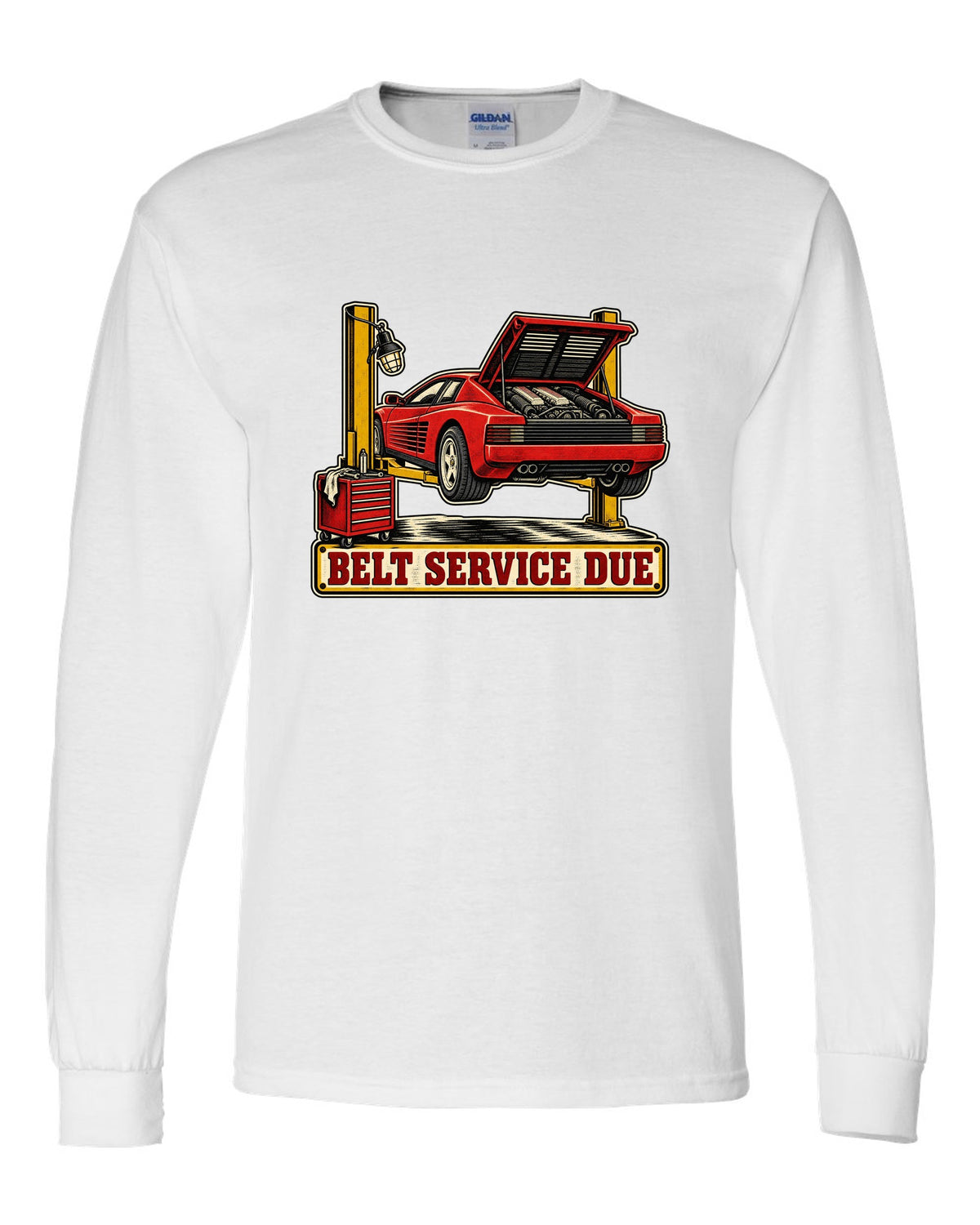 Two-colour linocut of Ferrari Testarossa with belt service due text white long sleeve front view with the design