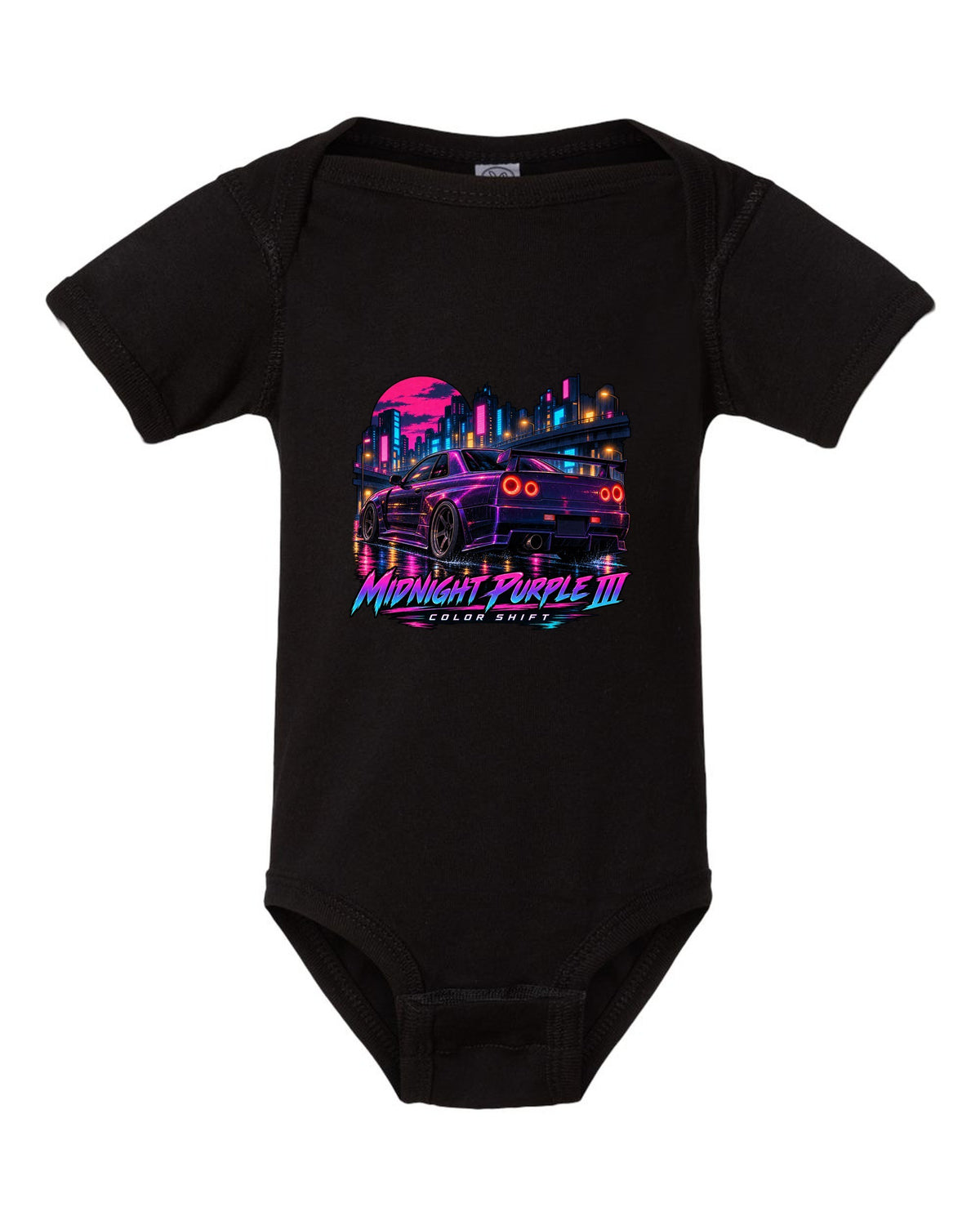 Cel-shaded anime night street print of a Midnight Purple III Nissan Skyline GT-R R34 BNR34 black baby onesie front view with the design
