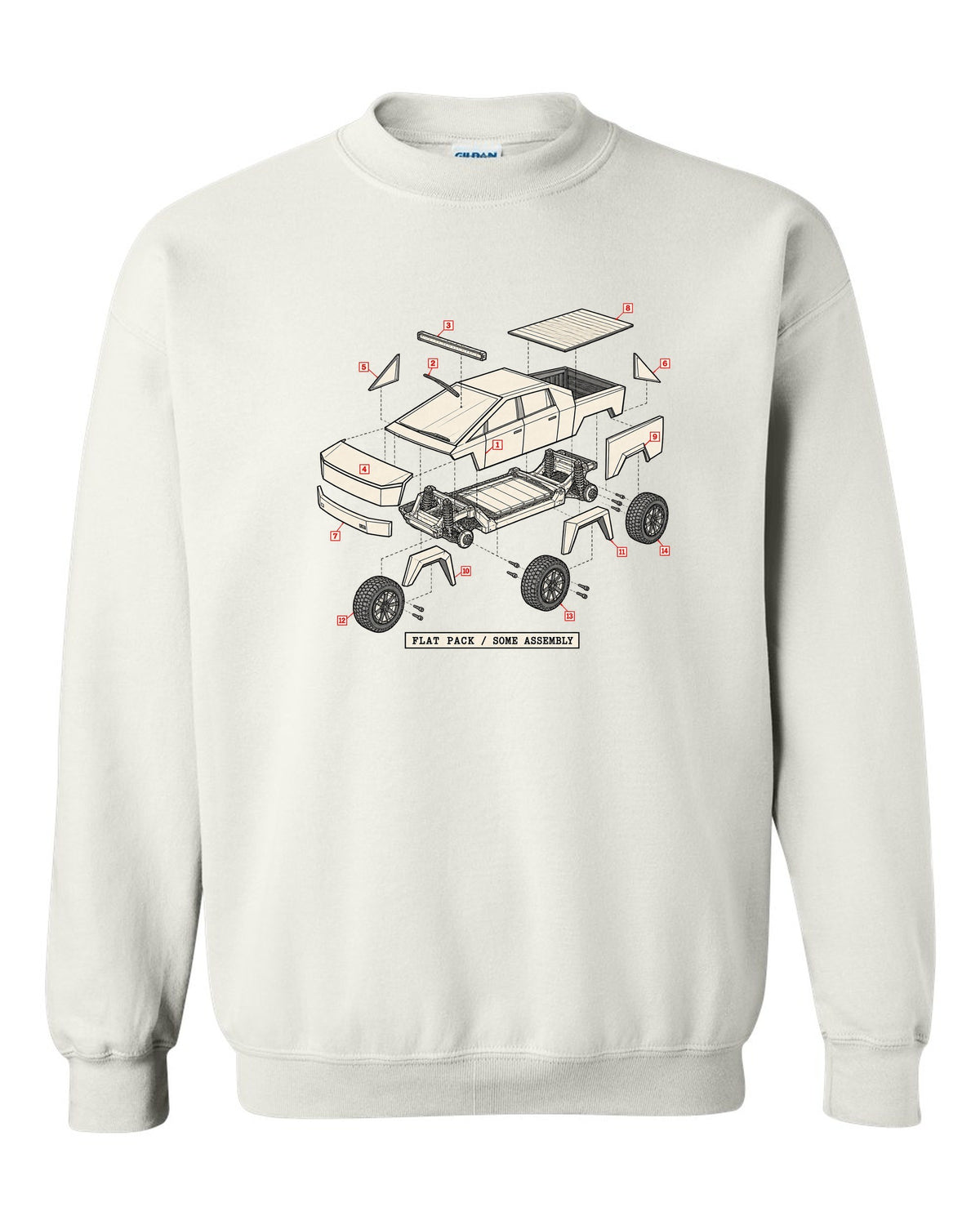 Isometric exploded-view patent drawing of a 2023 Tesla Cybertruck with the words Flat Pack Some Assembly white crewneck front view with the design