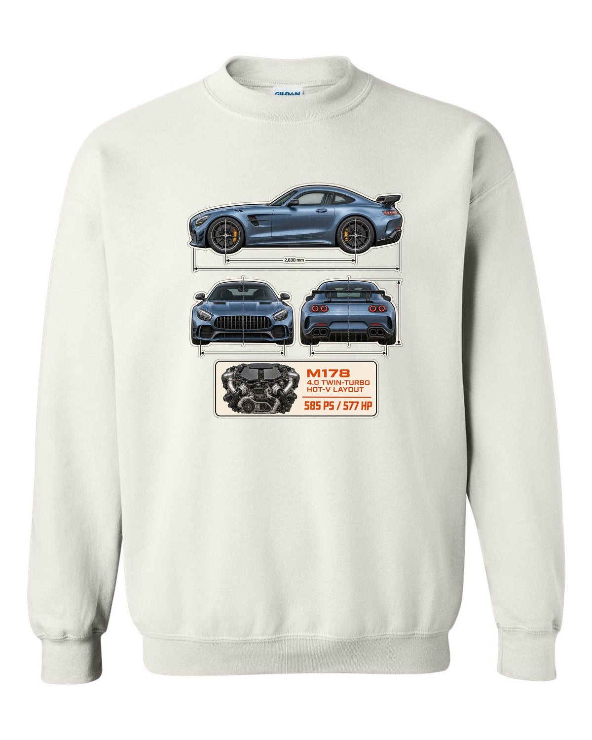 Mercedes-AMG GT R C190 dimension blueprint print white crewneck front view with the design