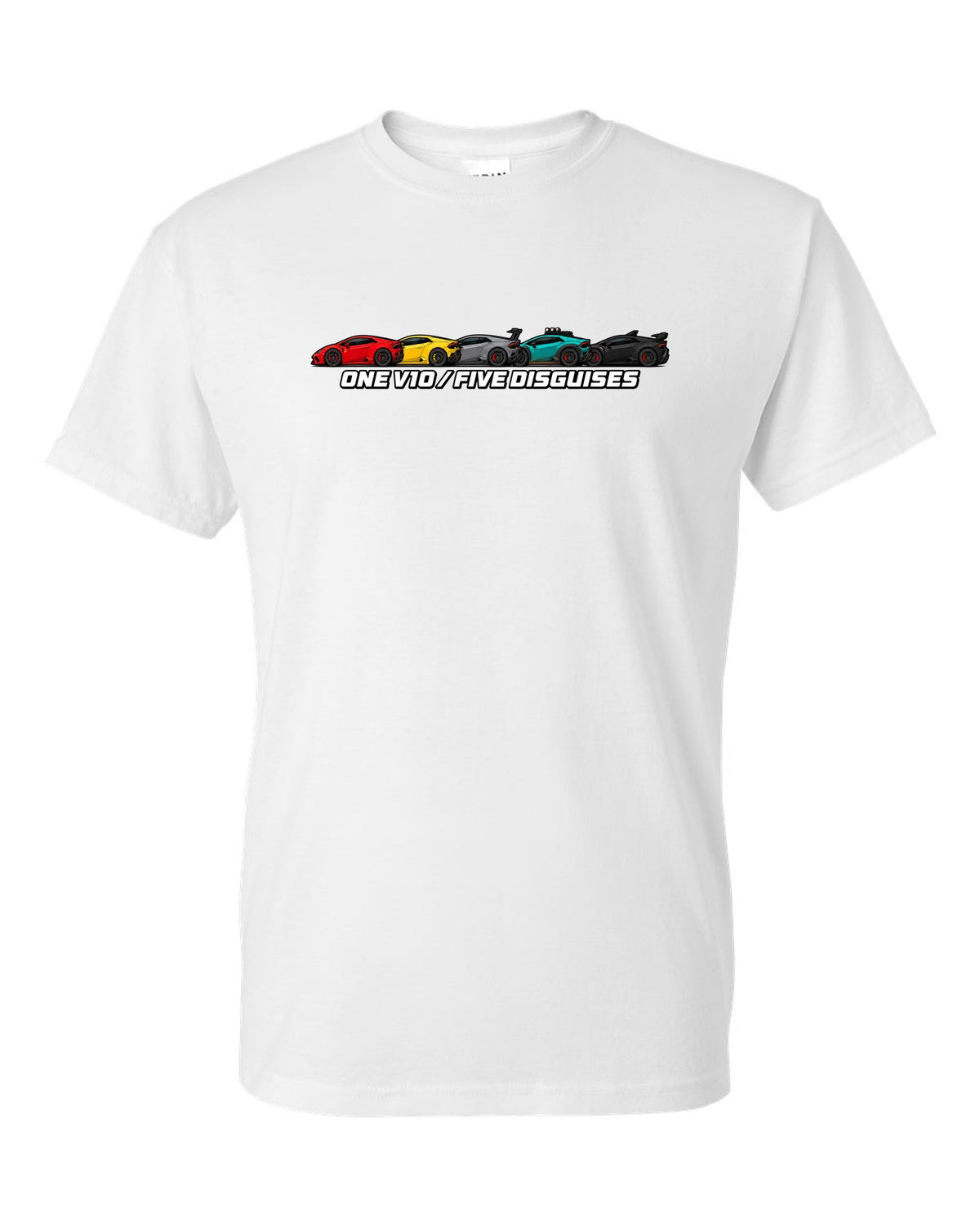 Lamborghini Huracan LP610-4 Variants Lineup white t-shirt front view with the design