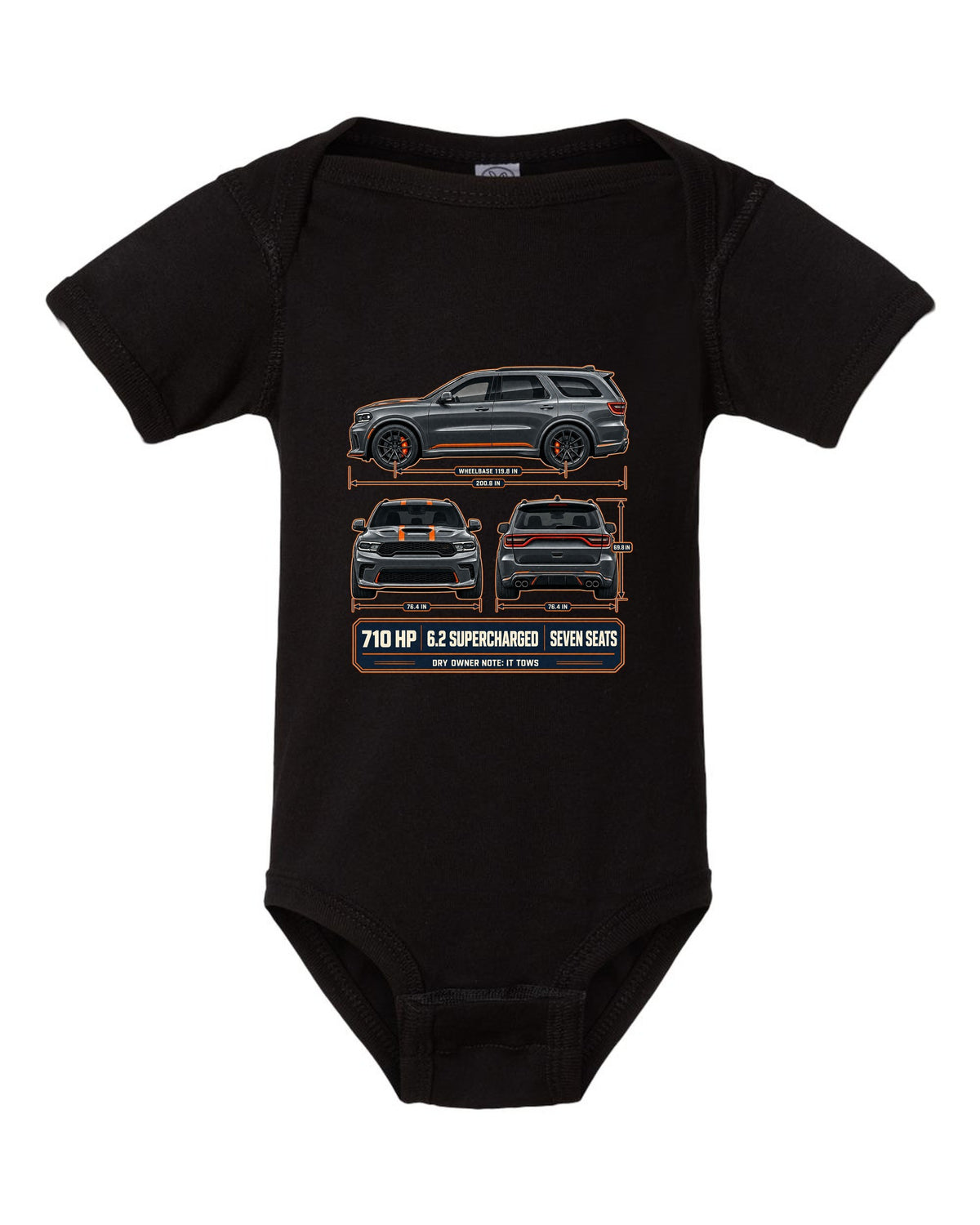 Dodge Durango SRT Hellcat 2021 three-view drawing with spec table print black baby onesie front view with the design