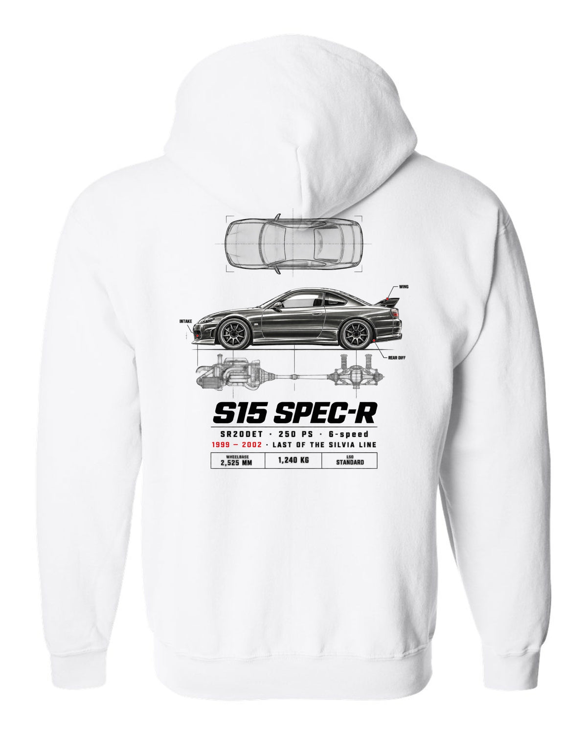 Spec poster print of a Nissan Silvia S15 Spec-R top-down profile with SR20DET data white zip hoodie back view with the design