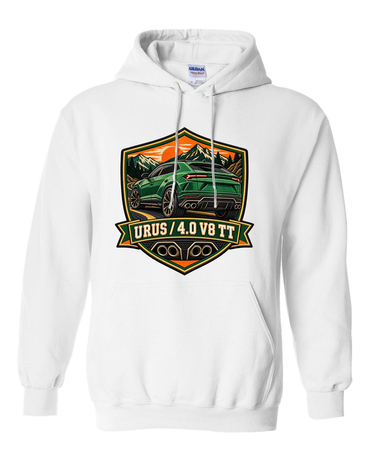 Embroidery-style shield crest of a Lamborghini Urus with 4.0 V8 TT text white pull over hoodie front view with the design
