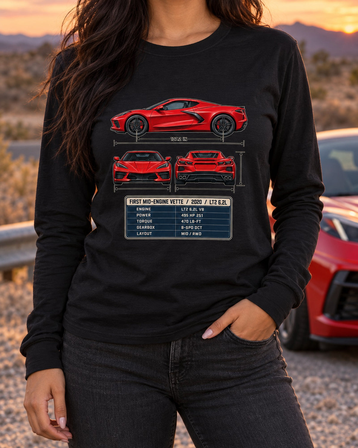 Chevrolet Corvette C8 Stingray Three-View Spec Table Tee Long Sleeve Black worn hero