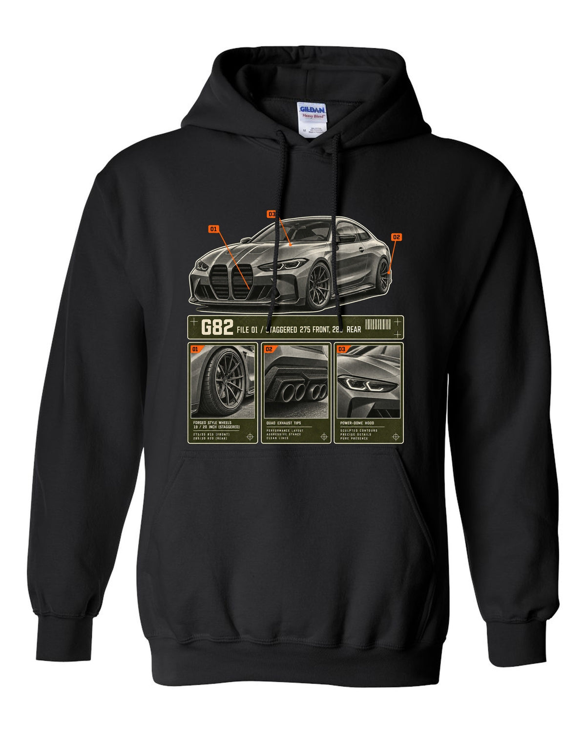 BMW M4 Competition G82 dossier panels print noting staggered 275 front and 285 rear black pull over hoodie front view with the design