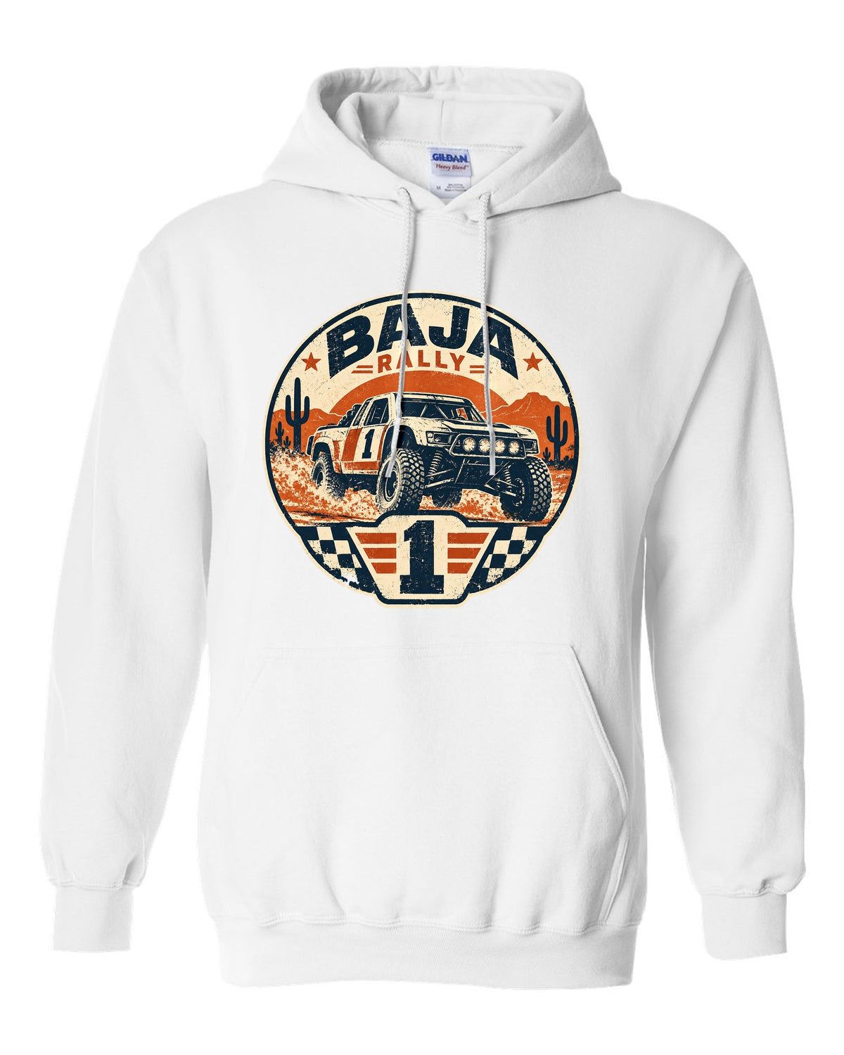Stencil street-art of a 2022 Ford Bronco off-road race truck with 15 PSI AIRED DOWN lettering white pull over hoodie front view with the design