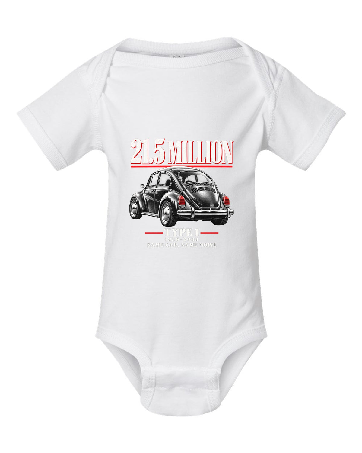 Editorial print of a VW Beetle Type 1 1303 Super Beetle three-quarter rear white baby onesie front view with the design