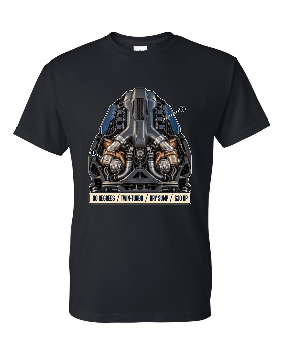 Maserati MC20 Nettuno V6 engine hero illustration, print black t-shirt front view with the design