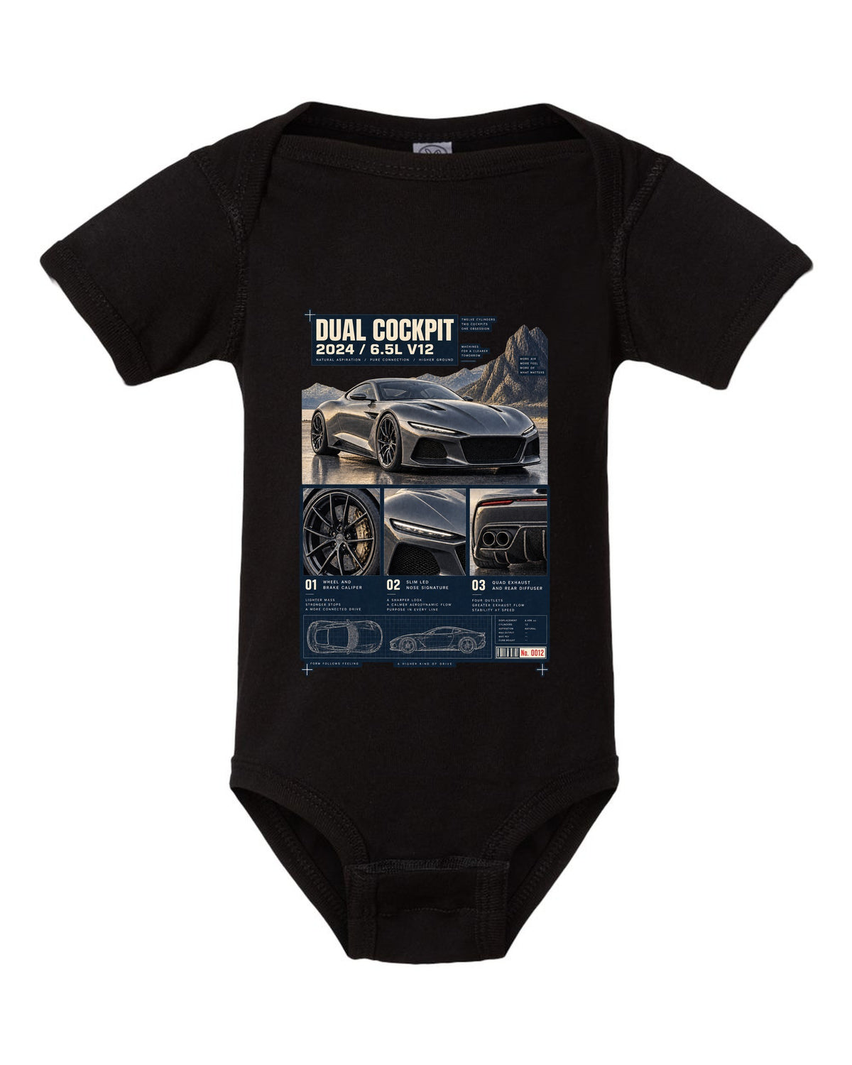Dossier panel print of the Ferrari 12Cilindri with cockpit and V12 text black baby onesie front view with the design