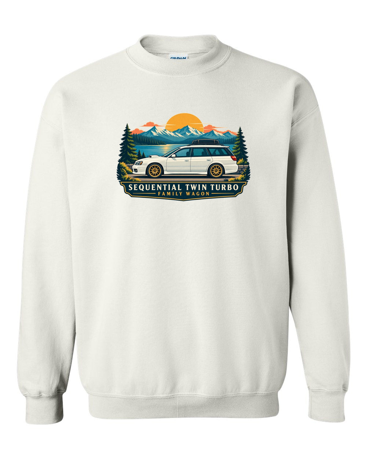 Subaru Legacy BC5 RS as a linocut, 100,000 KM / AT 223 KM/H white crewneck front view with the design