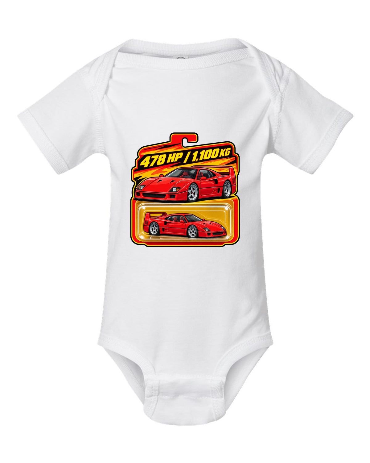 Toy blister-card print of a 1987 Ferrari F40 F120 with 478 HP and 1,100 KG text white baby onesie front view with the design