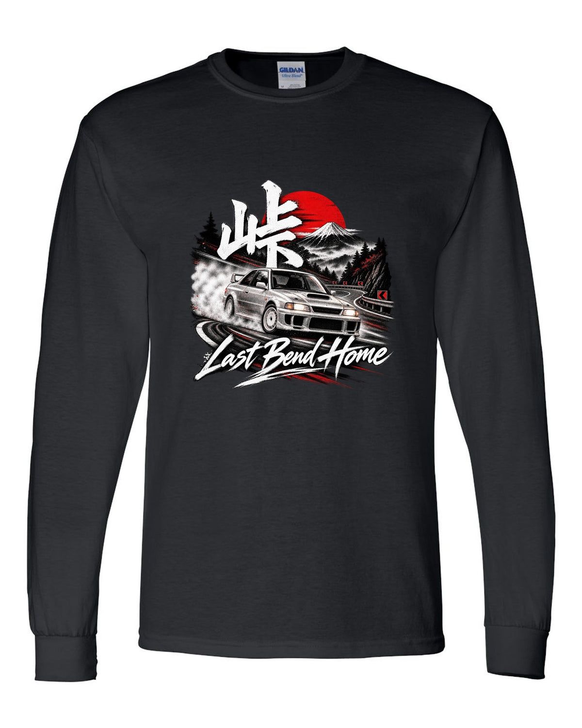 Subaru Impreza WRX GC8 coupe at a night touge bend with Last Bend Home text black long sleeve front view with the design