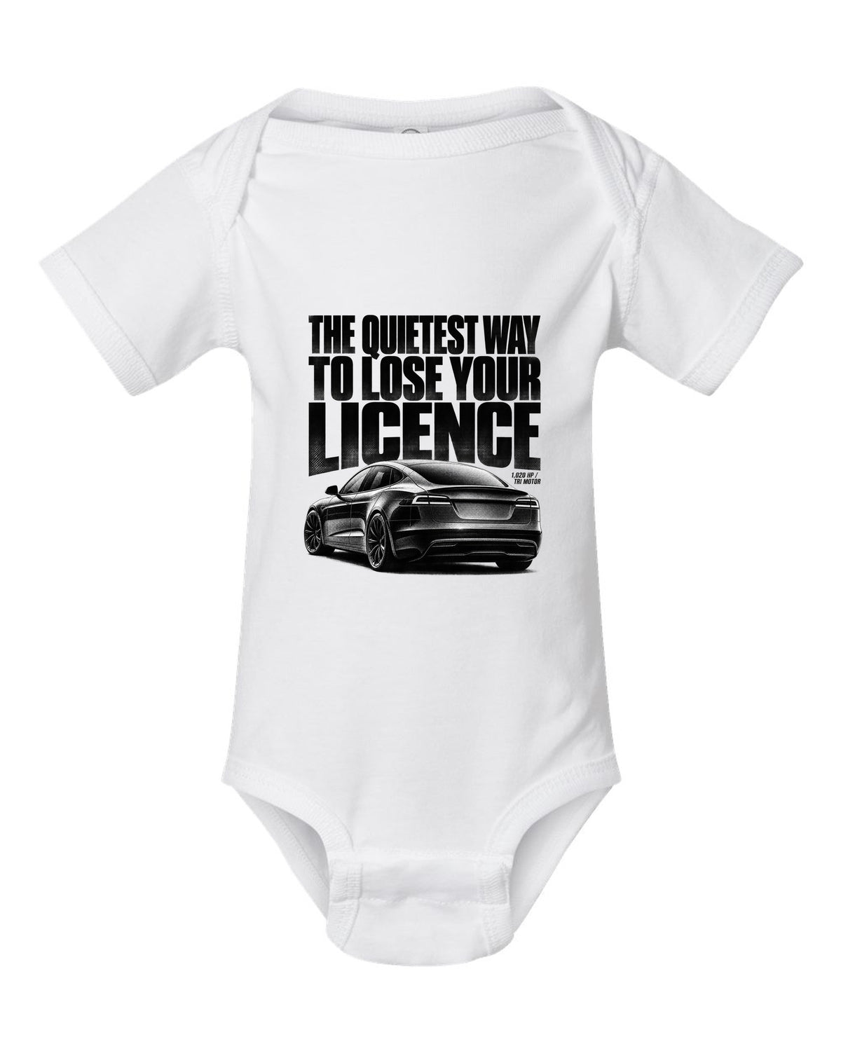 Halftone print of a Tesla Model S Plaid rear three-quarter view white baby onesie front view with the design