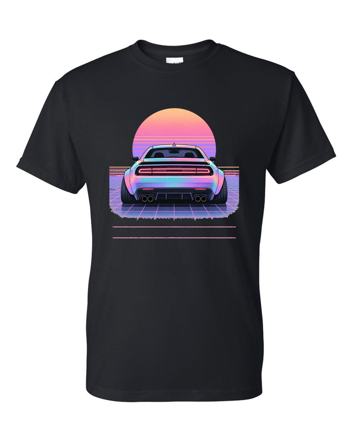 Vaporwave pastel print of a 2021 Dodge Challenger Scat Pack Widebody with garage fit text black t-shirt front view with the design