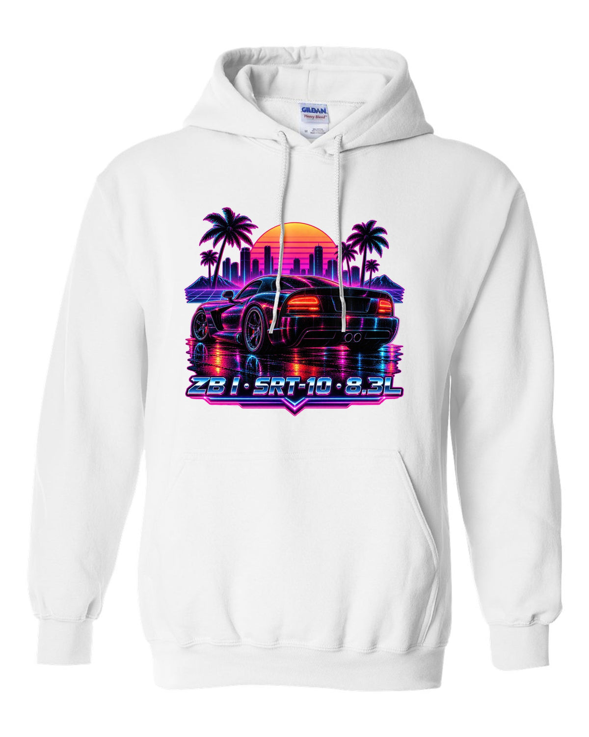 Synthwave neon rain street print of a 2005 Dodge Viper SRT-10 ZB I tail white pull over hoodie front view with the design