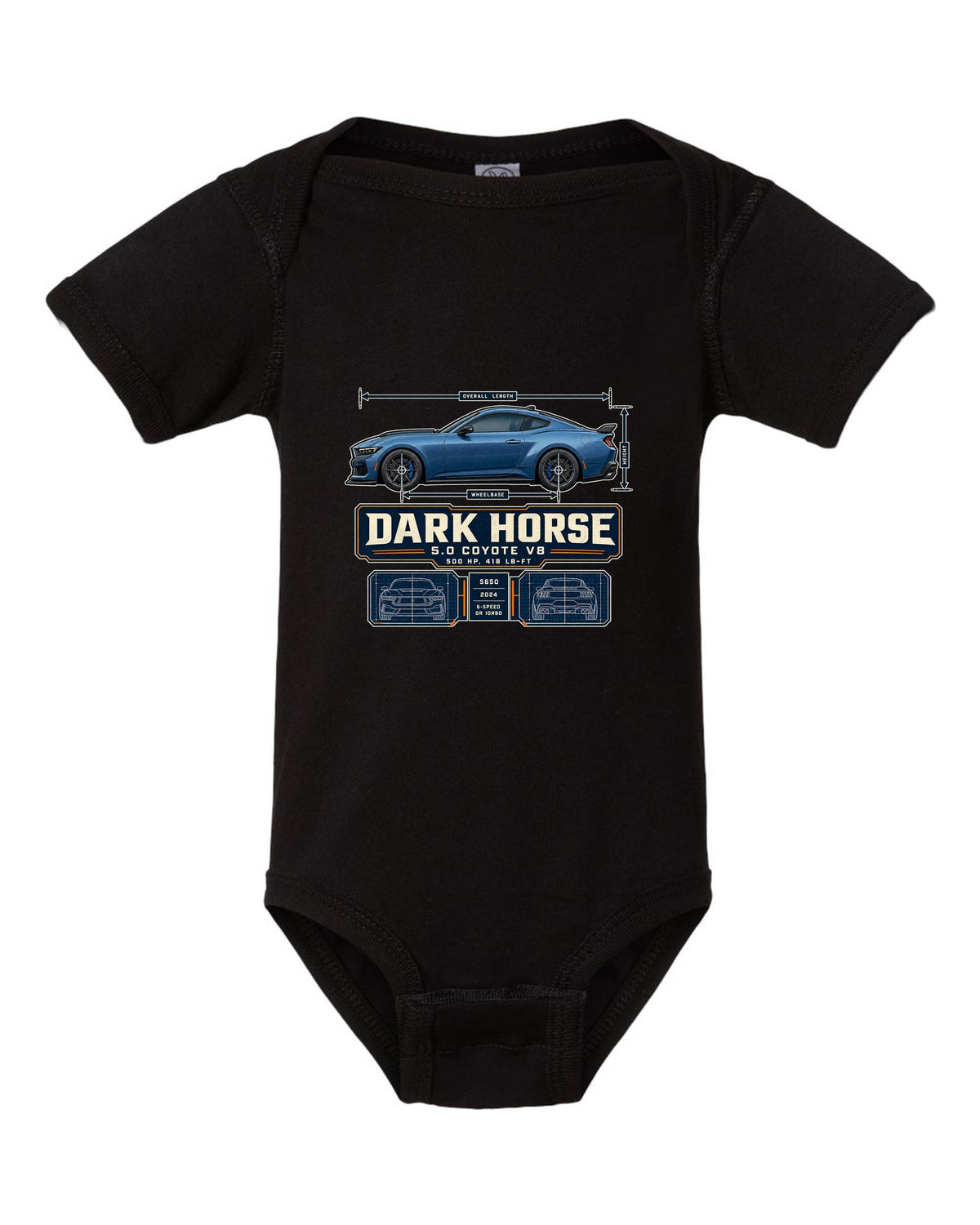 print of a Ford Mustang S650 Dark Horse dimension blueprint with 5.0 Coyote V8 and 500 HP text black baby onesie front view with the design