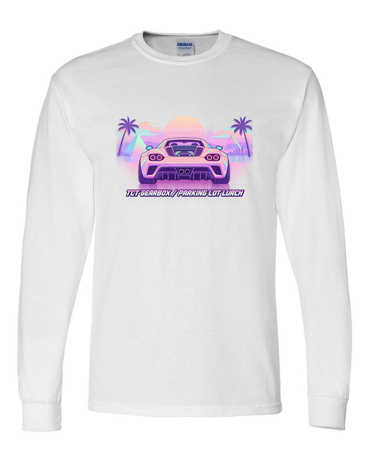 Vaporwave pastel illustration of an Alfa Romeo 4C with TCT gearbox parking lot lurch text white long sleeve front view with the design