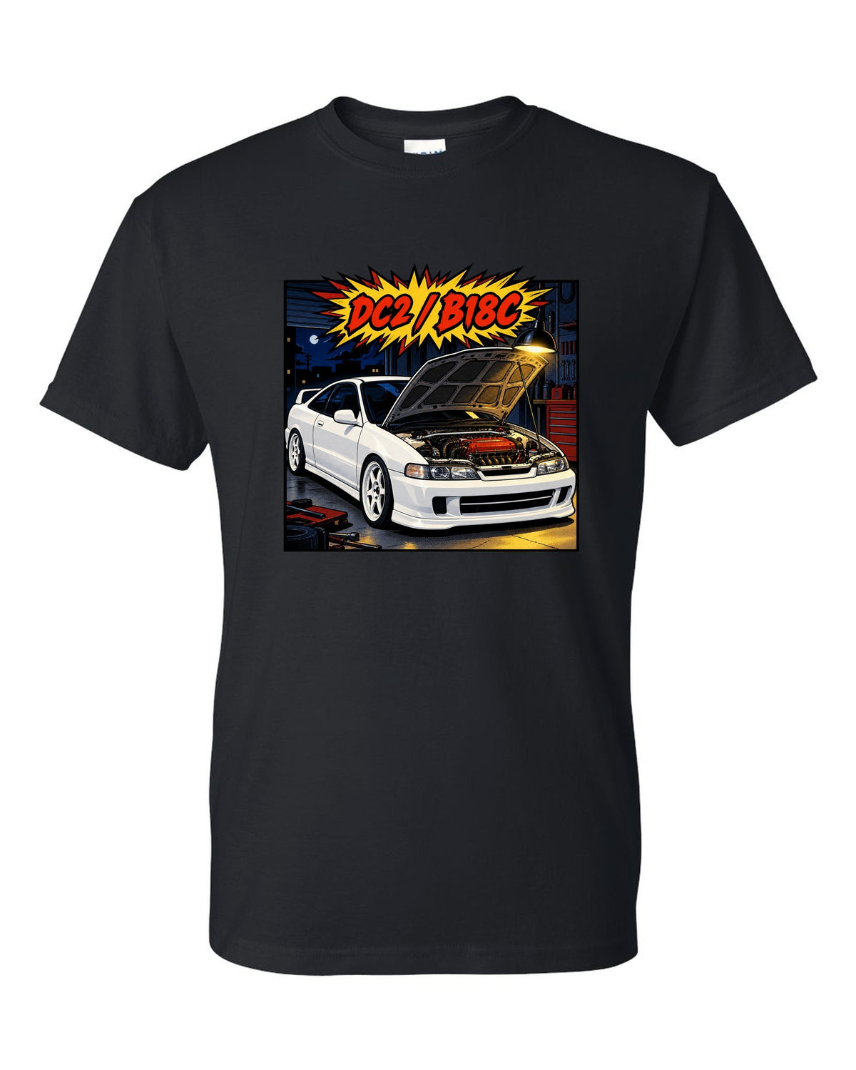 Comic book panel action burst print of a Honda Integra Type R DC2 with bonnet up and B18C text black t-shirt front view with the design