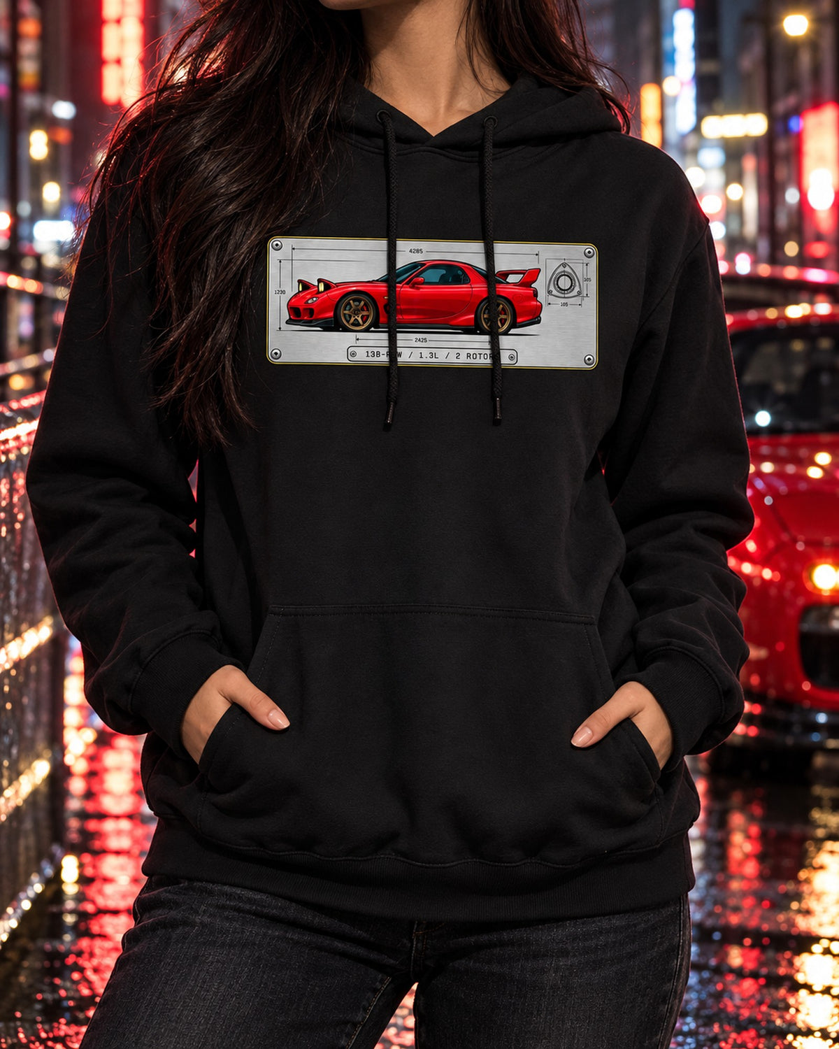 Mazda RX-7 FD3S 13B-REW Rotary Data Plate Tee Pull Over Hoodie Black worn hero
