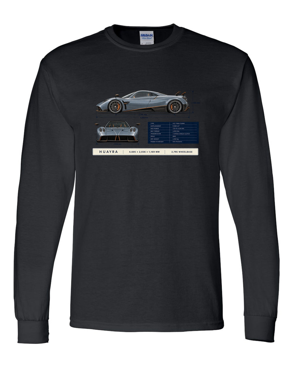 Dimension blueprint print of the Pagani Huayra coupe with 4,605 x 2,036 x 1,169 mm and 2,795 wheelbase black long sleeve front view with the design