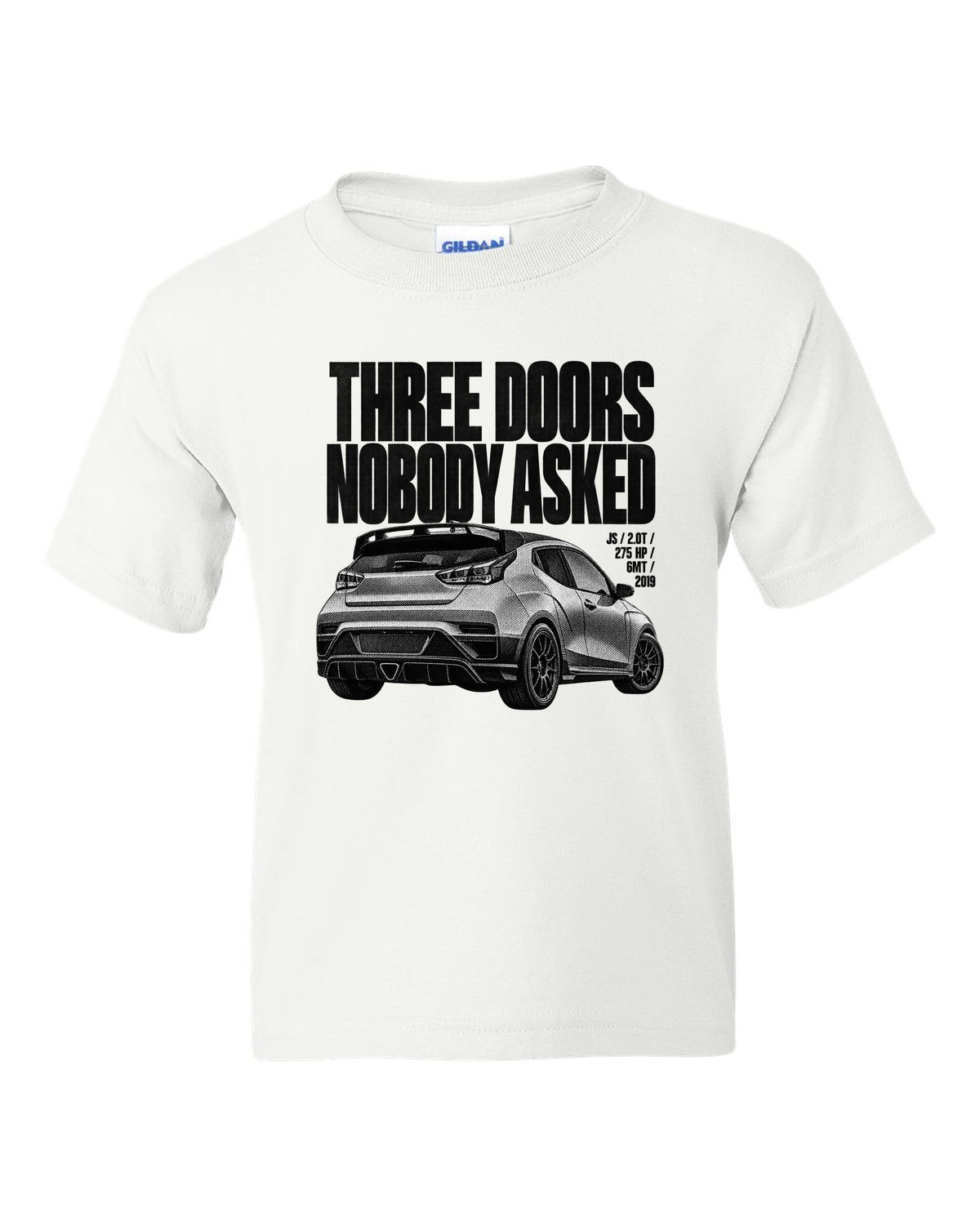 Hyundai Veloster N JS halftone print with three doors text white kids tee front view with the design